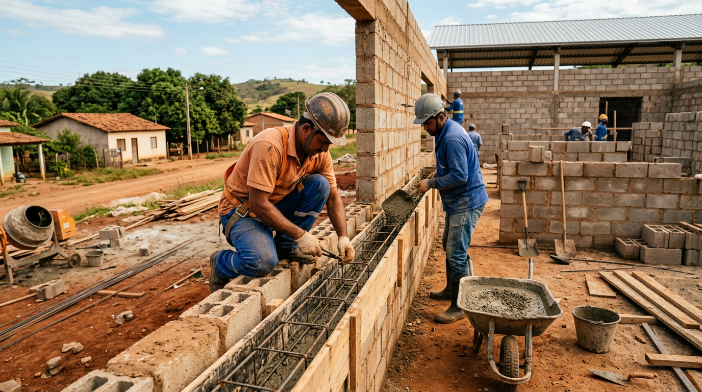 Armação e concretagem de cintas de amarração em blocos estruturais para ampliações de escolas públicas municipais