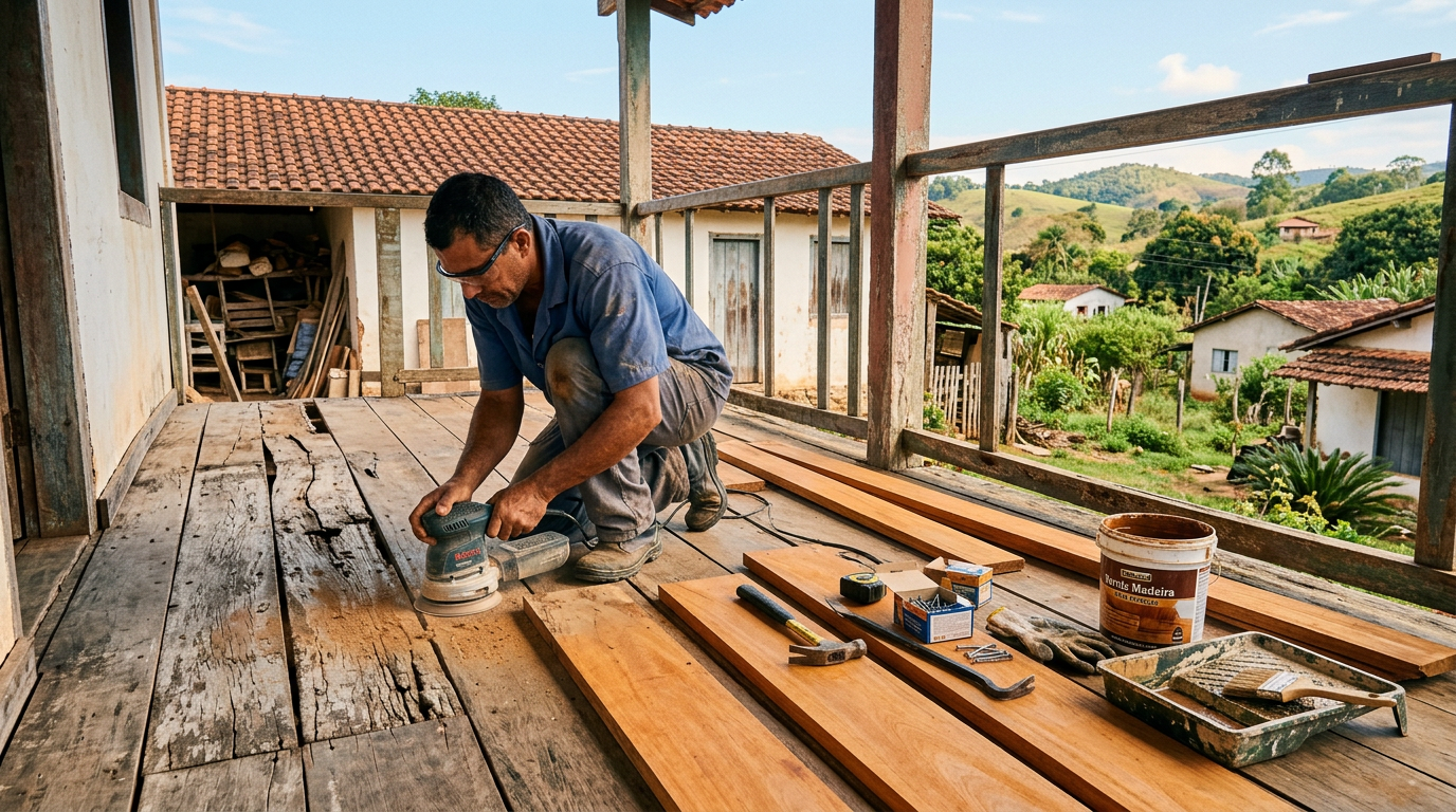 Avaliação e reparo de revestimentos de madeira deteriorados em varandas de casas de campo com alta exposição solar
