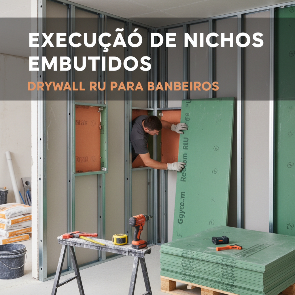 Execução de nichos embutidos em paredes de drywall para banheiros com placas RU resistentes à umidade