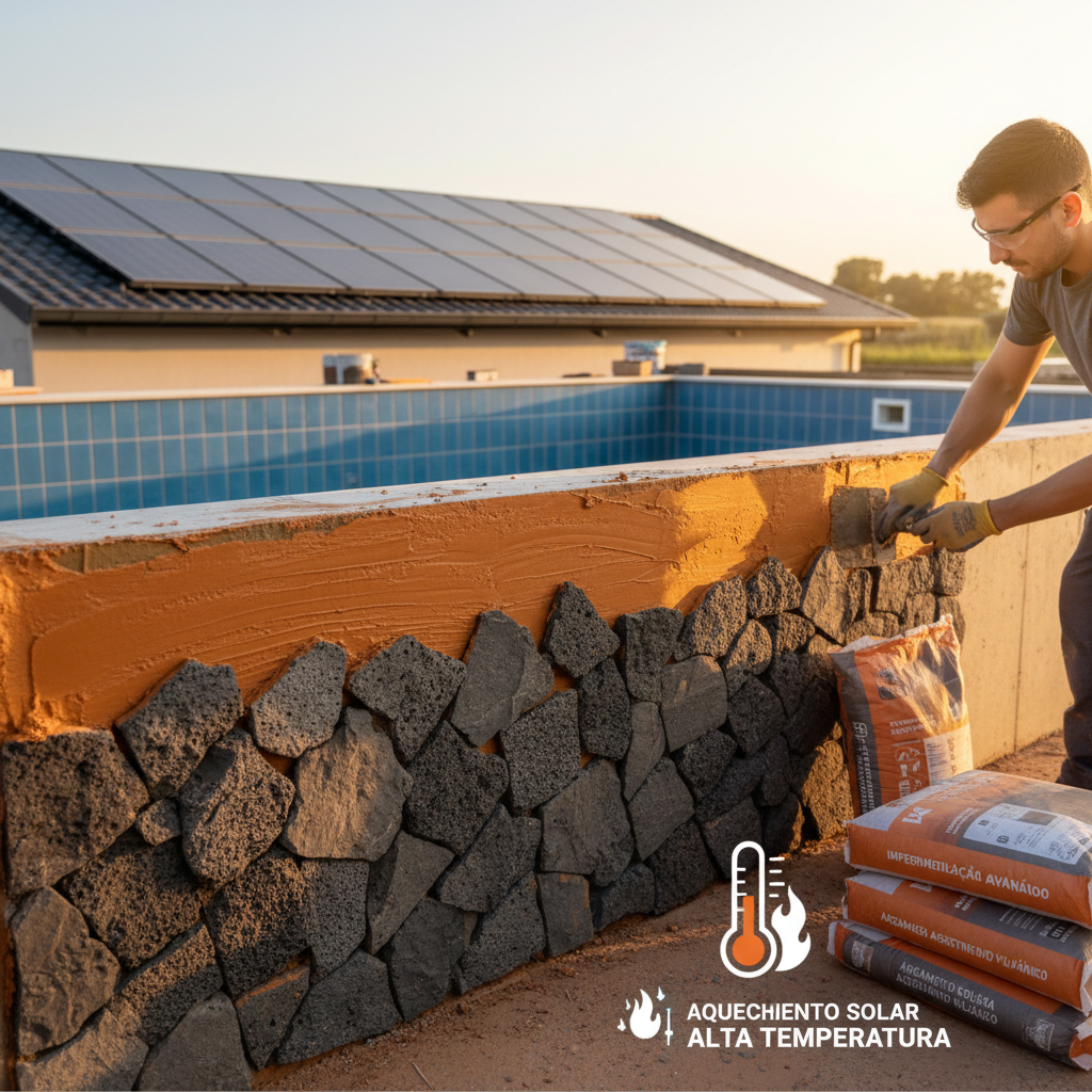 Impermeabilização e assentamento de pedras vulcânicas em piscinas com aquecimento solar de alta temperatura