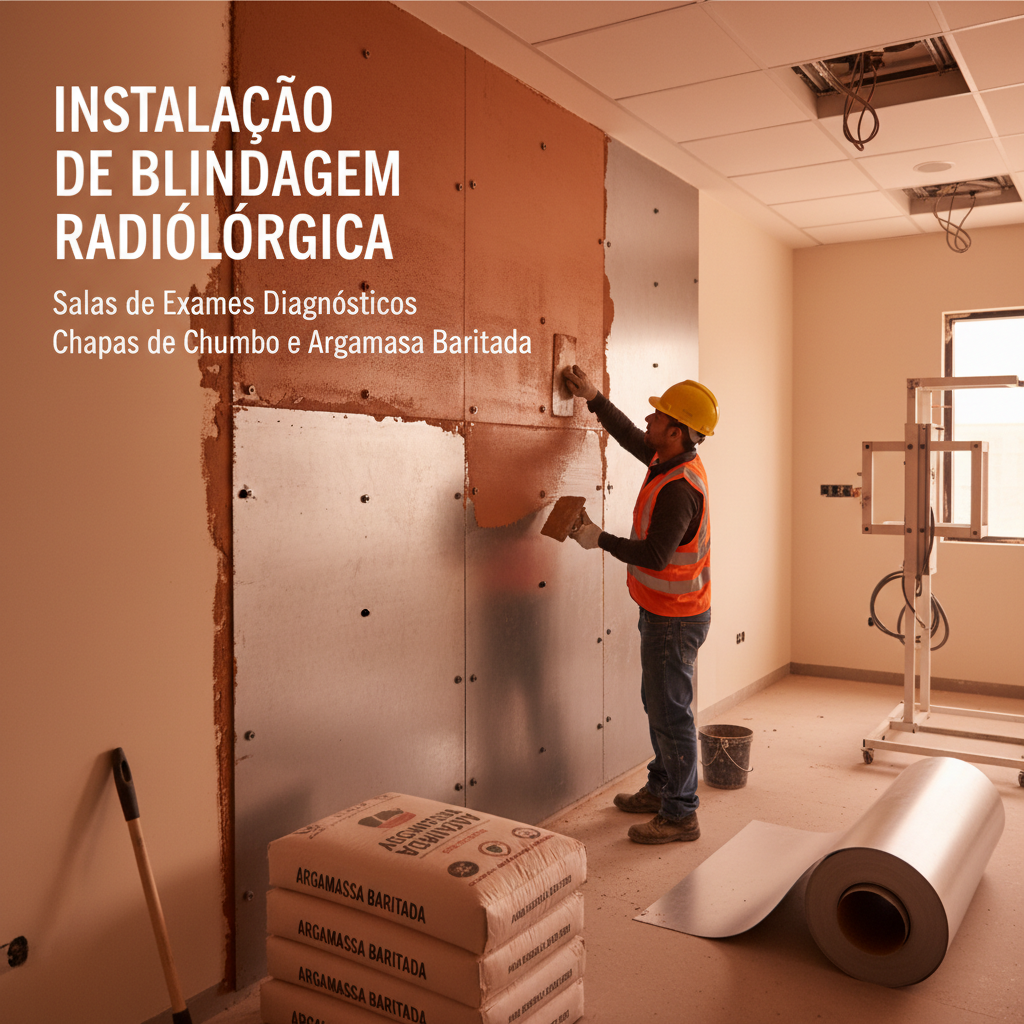Instalação de blindagem radiológica em salas de exames diagnósticos com chapas de chumbo e argamassa baritada