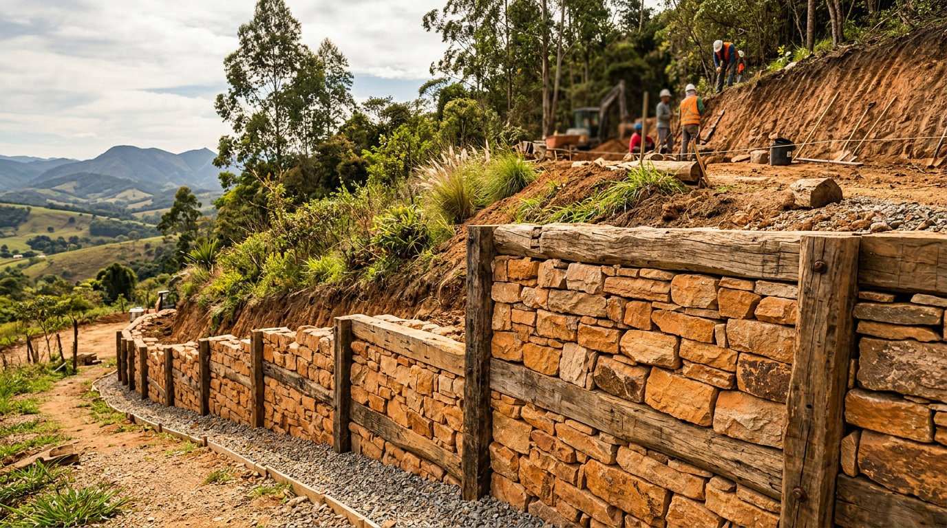 Muros de Arrimo Rústicos: Contenção de Encostas com Pedra e Madeira da Região