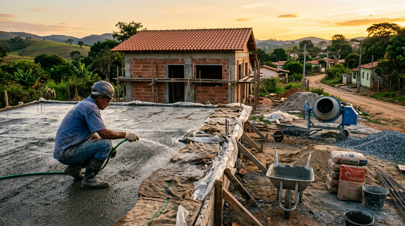 O que a norma pede na cura do concreto de uma casa (e como não perder a resistência no canteiro)