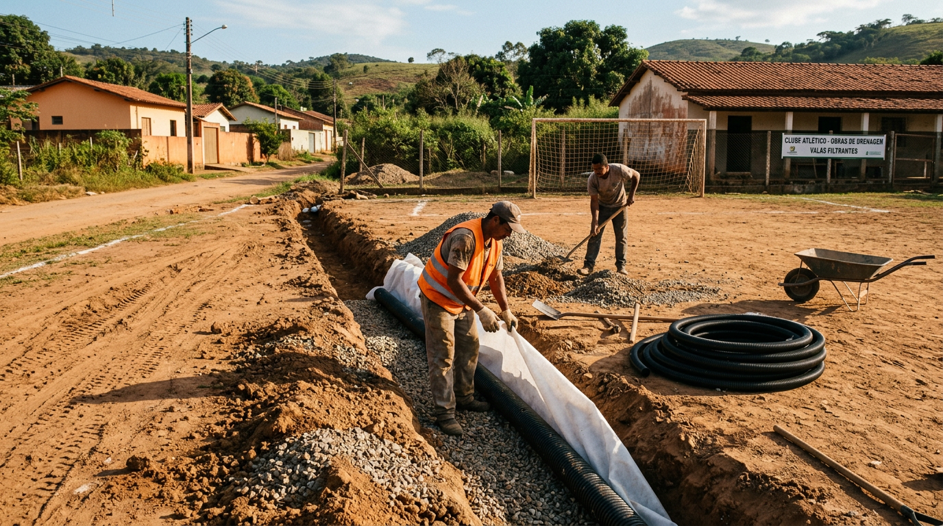 Planejamento e execução de sistema de drenagem subsuperficial com valas filtrantes em campos de futebol de terra batida em clubes de bairro