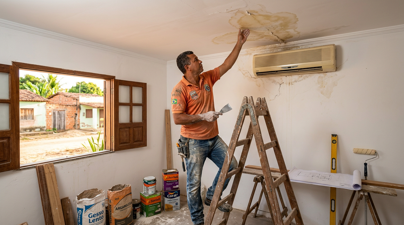 Por que o forro de gesso do escritório comercial está amarelado e úmido perto do ar condicionado?