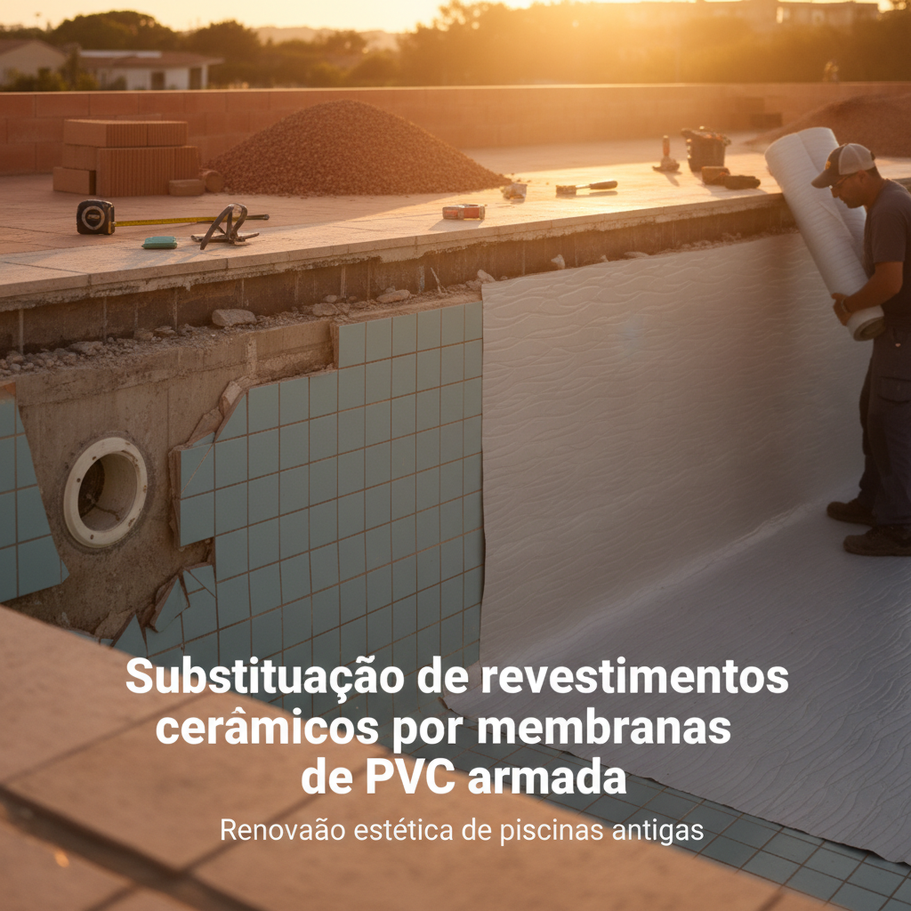 Substituição de revestimentos cerâmicos por membranas de PVC armada para renovação estética de piscinas antigas